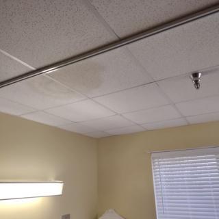 View of a ceiling with tiles, a light fixture, and a window with blinds.