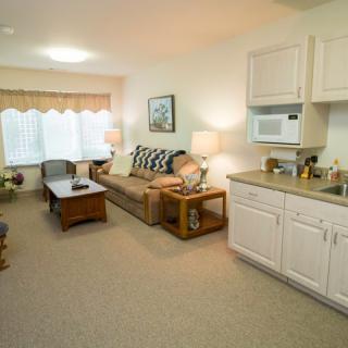 A cozy living room with a sofa, coffee table, and kitchenette.