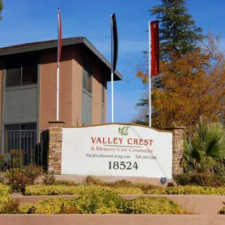Business sign for Valley Carpet in front of a commercial building, with flags and landscaping.