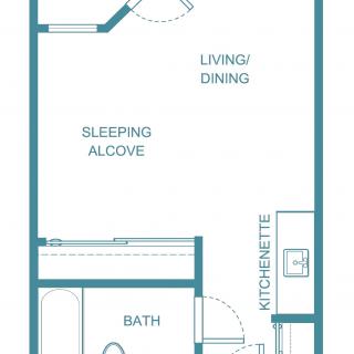 Studio apartment floor plan with living/dining area, sleeping alcove, kitchenette, and bathroom.