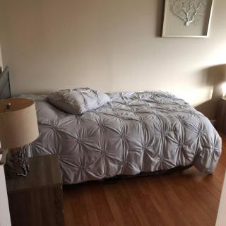 A cozy bedroom with neatly arranged bedding and a bedside lamp.