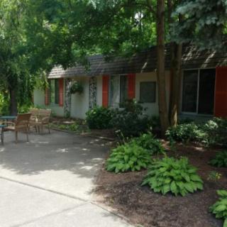 A peaceful garden area with outdoor seating and lush greenery.