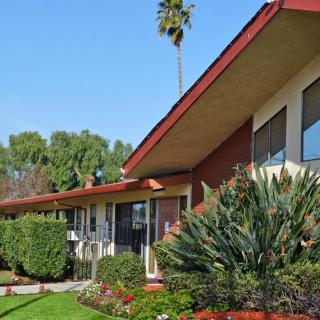 A mid-century modern style house with well-maintained landscaping and a palm tree, set against a clear blue sky.