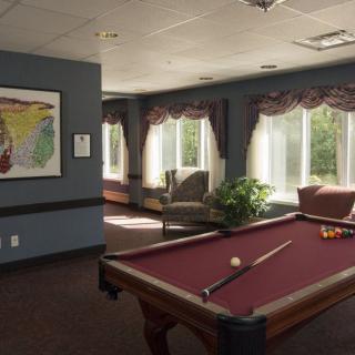 A cozy billiards room with a pool table and seating area bathed in natural daylight.
