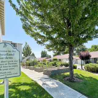 A well-maintained community garden featuring raised beds, surrounded by lush greenery and a clear pathway.