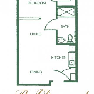 A floor plan depicting a one-bedroom apartment layout with designated areas for living, dining, kitchen, and bath.