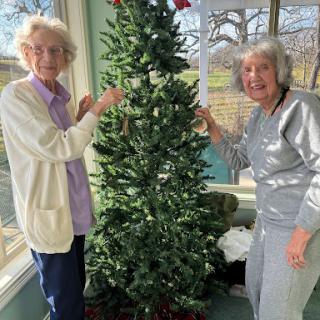 Two women joyfully decorating a Christmas tree together.