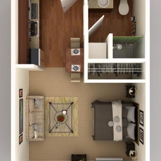 A 3D floor plan of a one-bedroom apartment including a living room, kitchen, and bathroom.