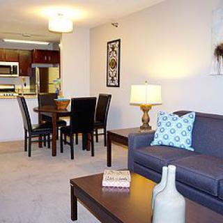 Modern open-concept living and dining space with a view into the kitchen.
