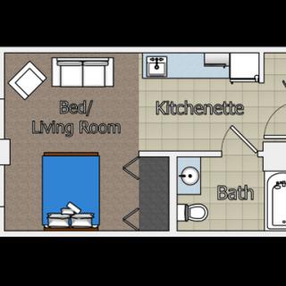 Studio apartment floor plan showing a combined bed/living room, kitchenette, and bathroom.