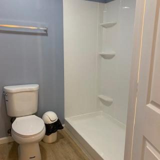 A modern bathroom featuring a toilet and shower area with light blue walls.