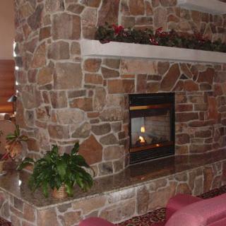 A cozy room featuring a stone fireplace with decorative plants and a mantel.