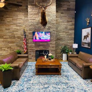 A cozy living room featuring leather sofas, a deer mount above the fireplace, and modern decor elements.