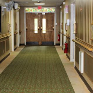 A well-lit indoor hallway leading to double doors, featuring a patterned carpet and safety equipment.