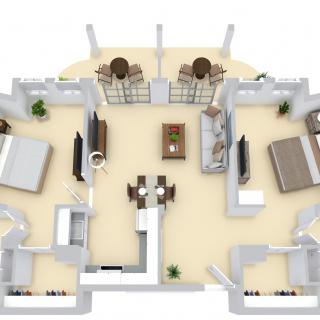 A 3D floor plan of an apartment, showcasing the layout with two bedrooms, a living room, dining area, and furniture placement.