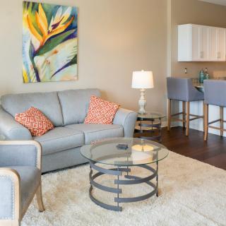 A cozy living room with modern decor, featuring a grey sofa, abstract artwork, and a glass coffee table.