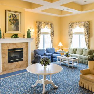 A cozy living room with a fireplace, sofas, and elegant decor.