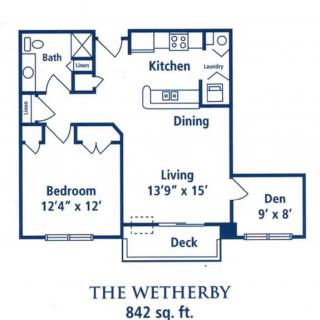 The Wetherby floor plan featuring a one-bedroom, den, and living area over 842 sq. ft.