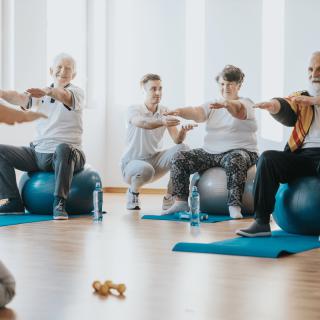 A group of seniors participating in a fitness class using yoga balls.
