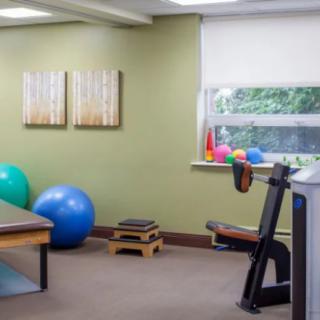 A well-equipped fitness room featuring exercise balls, a workout bench, and various therapy equipment.