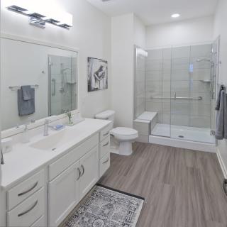 A modern bathroom with a double sink vanity, walk-in shower, and minimalist design.