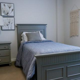A simple and elegant bedroom with a single bed, blue bedding, and minimalist decor.