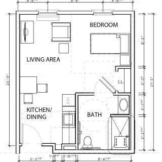 A detailed floor plan of a one-bedroom apartment featuring a living area, kitchen/dining space, bathroom, and bedroom.