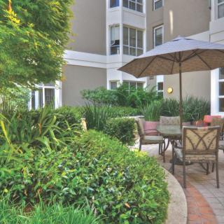 A serene patio area with outdoor seating and lush greenery, set against the backdrop of an apartment building.