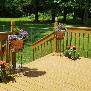A sunny wooden deck adorned with colorful flowers in planters overlooking a lush garden.