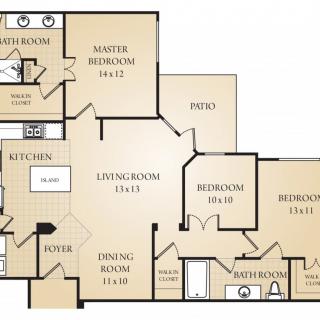 A detailed floor plan of a multi-bedroom apartment with labeled rooms and areas.