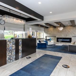 A modern, open-concept living room featuring luxurious furniture and contemporary design elements with blue accents.