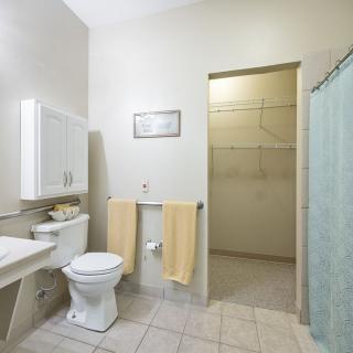 A clean and modern bathroom with a shower, toilet, and washbasin.