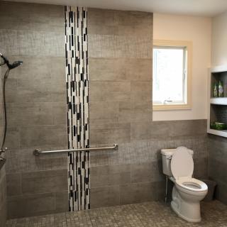 A modern, accessible bathroom with a shower, grab bars, and toilet.