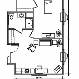 A detailed floor plan of a small apartment featuring a living room, kitchen, bedroom, and bathroom.