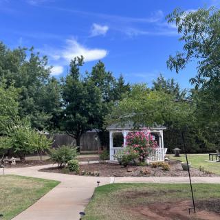 A peaceful garden featuring a gazebo surrounded by trees and a clear blue sky.