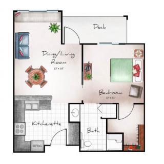 A 1-bedroom apartment floor plan featuring a living room, kitchen, bathroom, and patio.