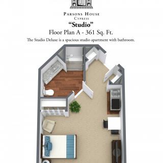 3D floor plan of a studio apartment, labeled as Floor Plan A, covering an area of 365 square feet.