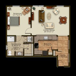 This image shows a one-bedroom apartment floor plan with designated areas for the kitchen, living room, bedroom, and bathroom.