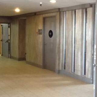 A hallway with a restroom door and overhead lighting.