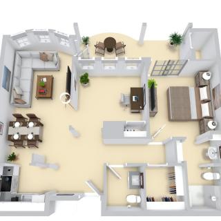 A 3D floor plan showcasing a modern apartment layout with designated living, dining, bedroom, and kitchen areas.