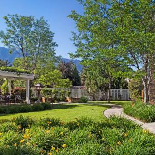A beautiful garden with lush greenery and a winding pathway under clear blue skies.