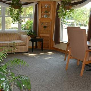 A cozy living room with large windows, indoor plants, a sofa, and chairs.