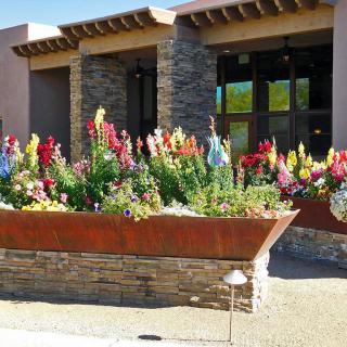 A vibrant garden with colorful flowers in front of a modern stone building.
