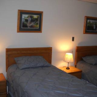 A cozy bedroom with two single beds, each featuring a nightstand and a lamp, complemented by framed artwork on the walls.