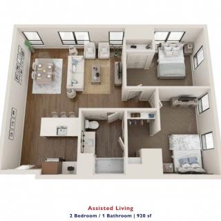 Two-bedroom apartment layout with an open living and dining area.