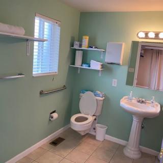 A clean bathroom with green walls, featuring a toilet, a sink with a mirror, and shelves stocked with toiletries.