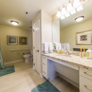 A modern bathroom with a spacious vanity and well-lit mirror.