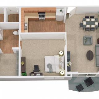 A detailed floor plan of a one-bedroom apartment featuring a kitchen, living room, dining area, and bathroom.