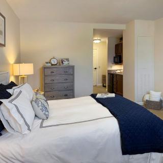 Modern bedroom with crisp white and navy accents, featuring a cozy bed and stylish decor.