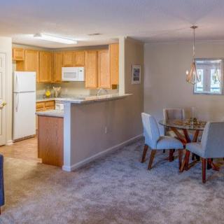 A modern apartment with an open floor plan featuring a kitchen and dining area.